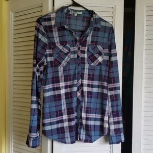 Blue plaid button down shirt, size L